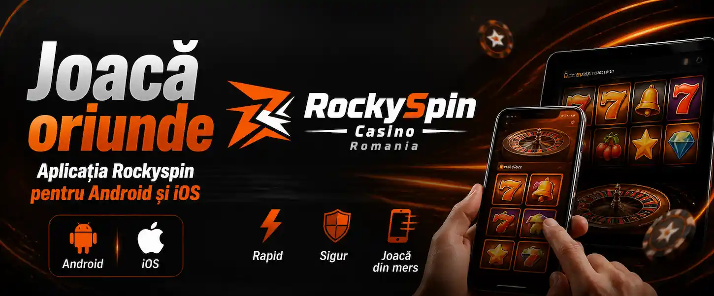 Aplicația Rockyspin Casino pentru Android și iOS, creată într-un stil modern și premium pentru jucătorii din România.