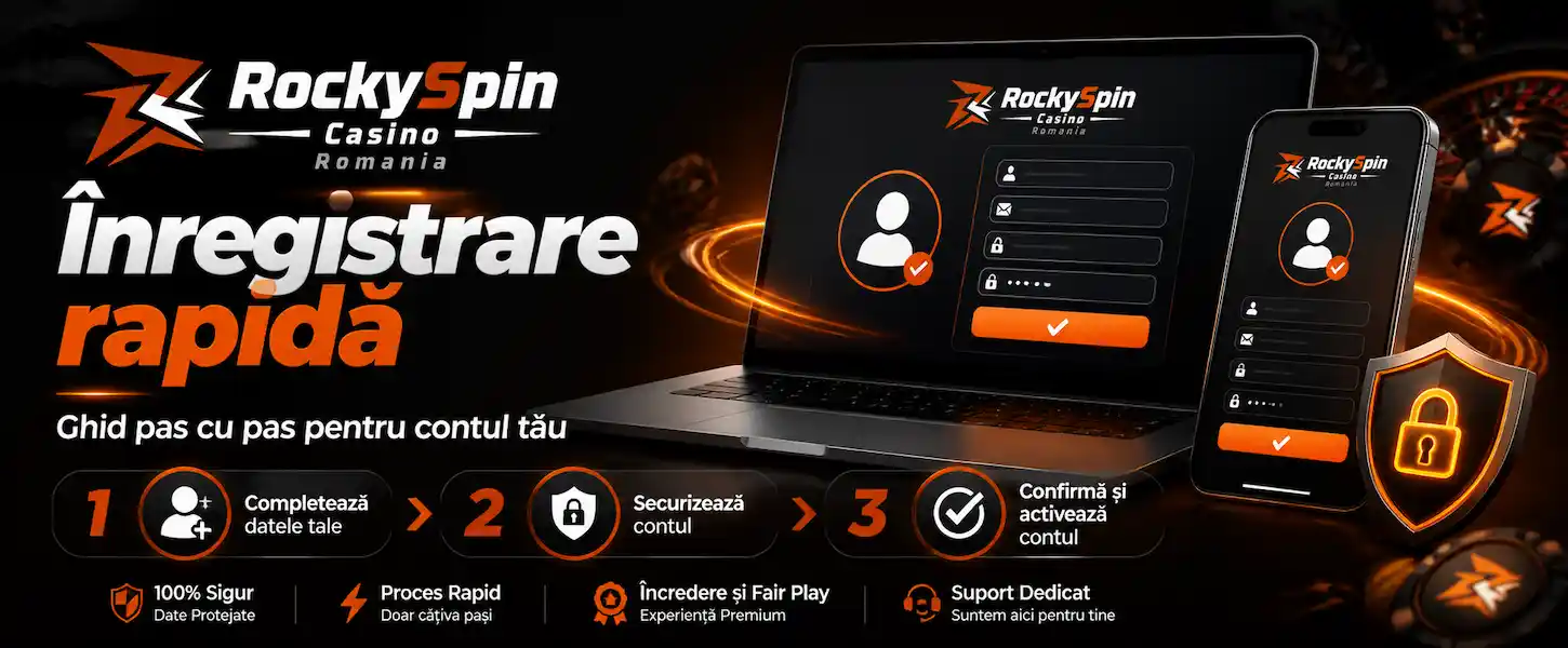 Înregistrarea la Rockyspin Casino este prezentată într-un ghid vizual clar, simplu și modern pentru România.