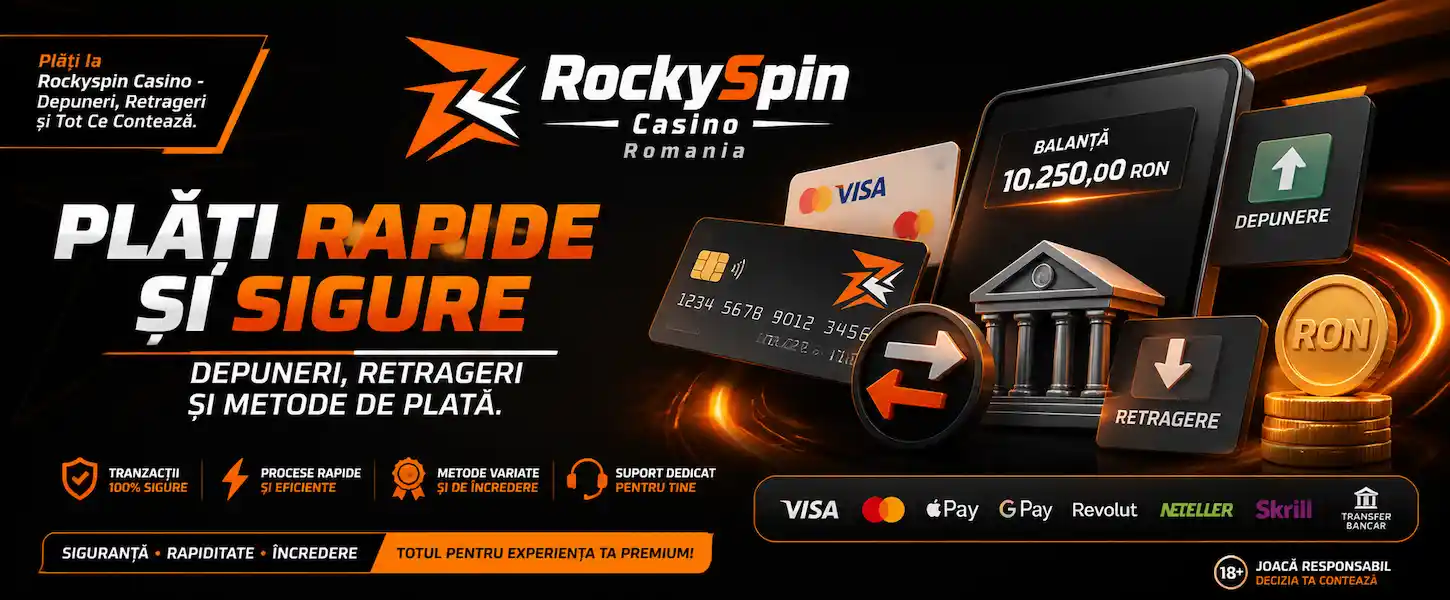 Plăți la Rockyspin Casino cu depuneri și retrageri rapide, prezentate într-un banner premium pentru România.